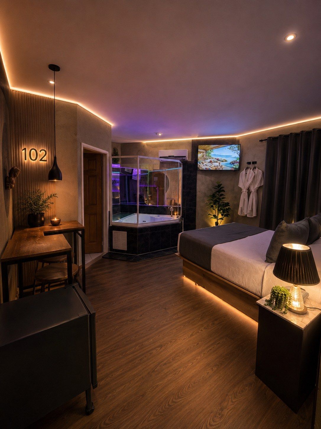 Suite VIP Premium completa, con cama y jacuzzi privado de vidrio